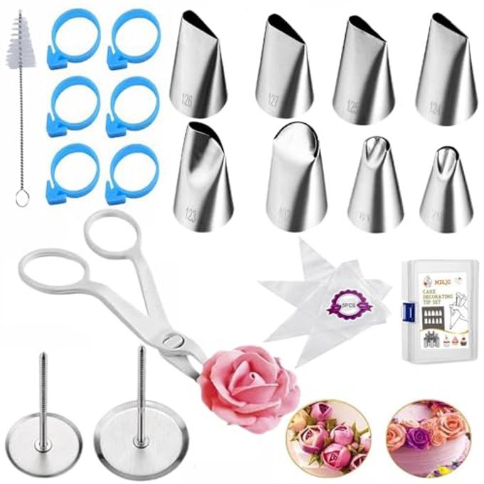 MDLJG 23 pcs Icing Piping Tipsï¼ˆwith 8rose flower piping tips 2 Flower Nails 1 Flower Lifter 1Cake Decorating Tips Brush 5 Piping Bags & 6 pastry bag tiesï¼‰Cake Decorating Tool Kit Petal Icing Tips