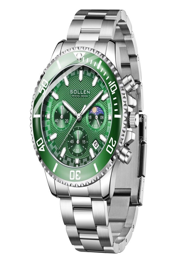 SOLLEN Men's Chronograph Watch, Analog Classic Quartz Wristwatch with Calendar, 30M Waterproof Stainless Steel Luminous Watch for Sport & Daily Use - Gifts for Men - Image 1