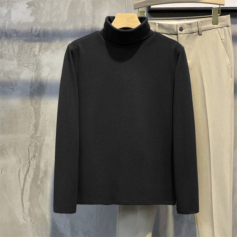 Japanese-style velvet turtleneck bottoming shirt men's autumn and winter solid color thickened double-sided velvet warm inner half-weight long-sleeved T-shirt - Image 1