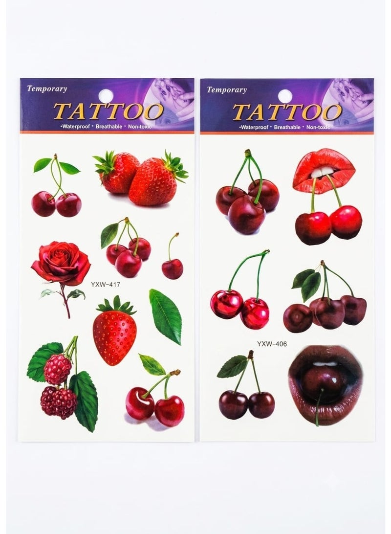Waterproof Temporary Tattoos – Cute and trendy lip, cherry, and bow designs; suitable for the body and face for women - 2Sheets