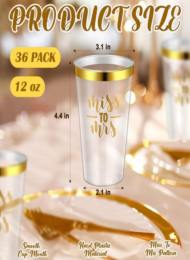 Funnymoom 36 Pcs Wedding Miss to Mrs Cups 12 oz Gold Plastic Cups Disposable Bridal Shower Drinking Tumblers Clear Wine Glasses Tumblers for Engagement Bachelorette Supplies Party Favors(Gold) - Image 2