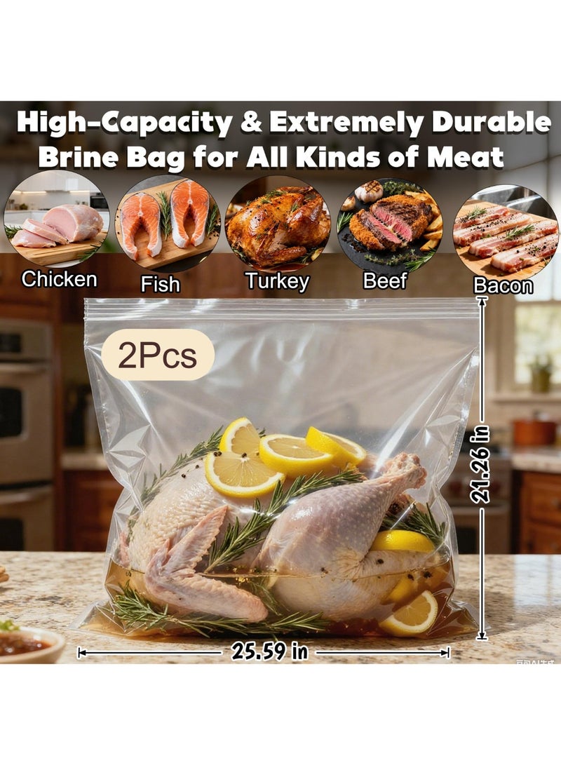 2 Pack Turkey Brine Bag Kit, Brining Bags for Turkey 25lb-35lb, 26"x22" Thickened Double Zipper No Leak Turkey Bags with Strings for Brining Meat, Chicken, Fish - Image 2