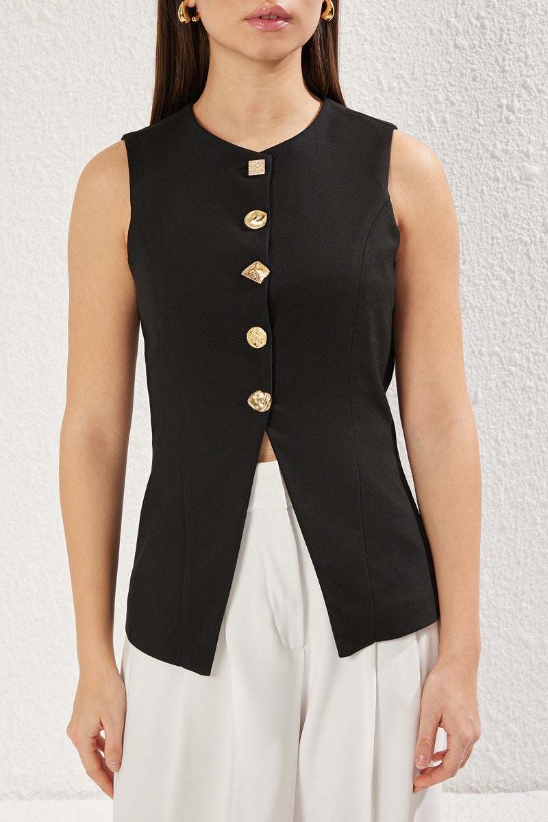 trendyol Black Regular Crew Neck Button Detail Woven Vest - Image 1