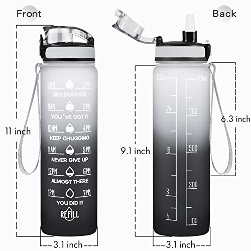 Enerbone 32 oz Water Bottle, Leakproof BPA & Toxic Free, Motivational Water Bottle with Times to Drink and Straw, Fitness Sports Water Bottle with Strap for Office, Gym, Outdoor Sports, Gray-Black - Image 3