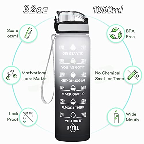 Enerbone 32 oz Water Bottle, Leakproof BPA & Toxic Free, Motivational Water Bottle with Times to Drink and Straw, Fitness Sports Water Bottle with Strap for Office, Gym, Outdoor Sports, Gray-Black - Image 2