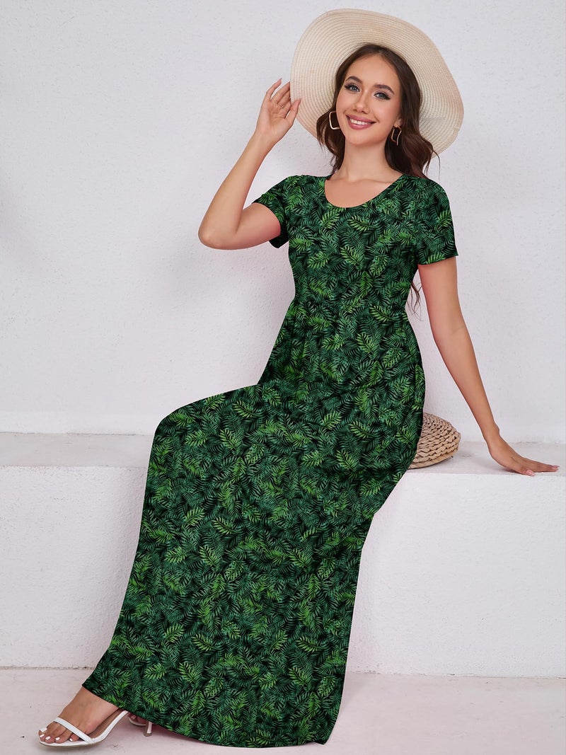 DEARCASE Women Floral Maxi Dress Flower Green Leaves Medium Round Neck Boho Short Sleeve Sundresses A-line Casual Hawaiian Flowy Party Spring Summer Vacation Beach Long Dresses with Pockets - Image 2