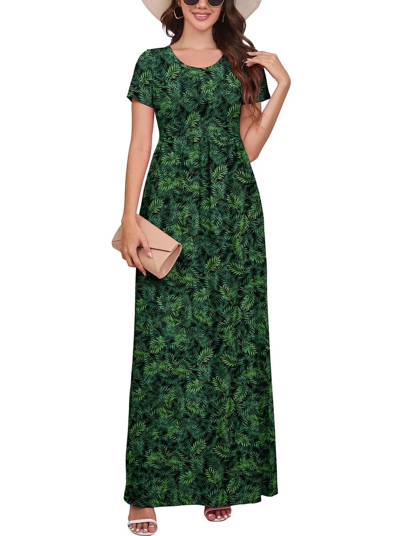 DEARCASE Women Floral Maxi Dress Flower Green Leaves Medium Round Neck Boho Short Sleeve Sundresses A-line Casual Hawaiian Flowy Party Spring Summer Vacation Beach Long Dresses with Pockets - Image 1