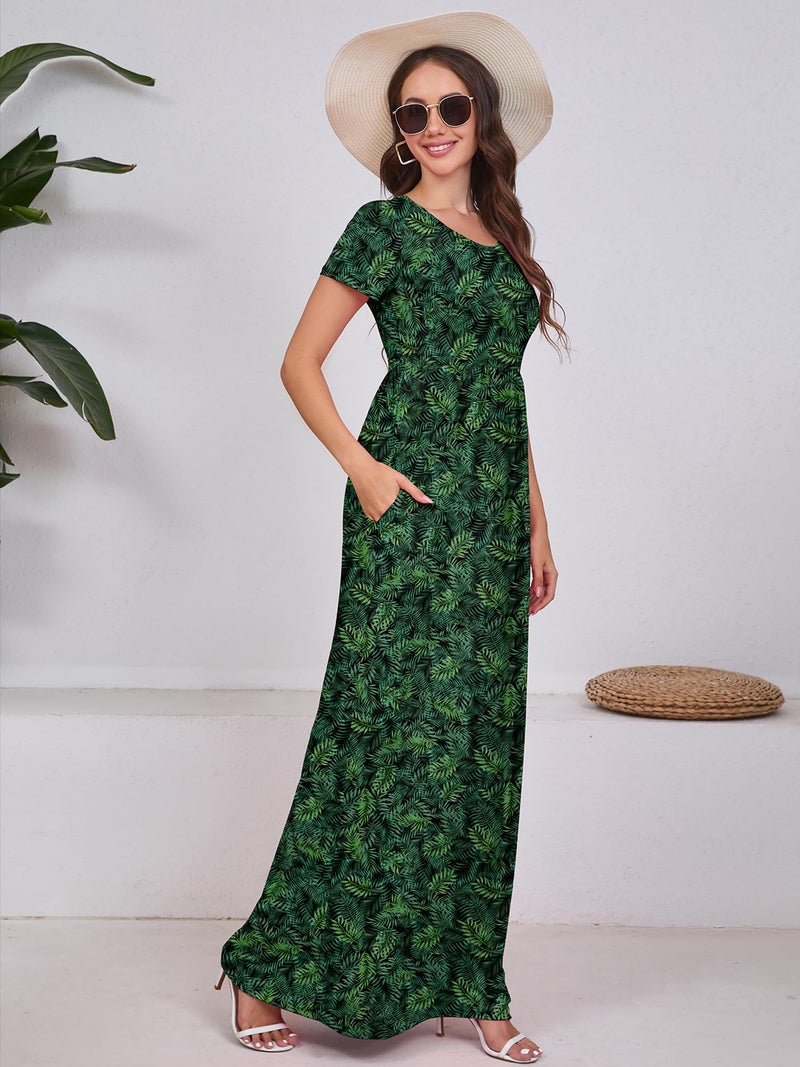 DEARCASE Women Floral Maxi Dress Flower Green Leaves Medium Round Neck Boho Short Sleeve Sundresses A-line Casual Hawaiian Flowy Party Spring Summer Vacation Beach Long Dresses with Pockets - Image 5