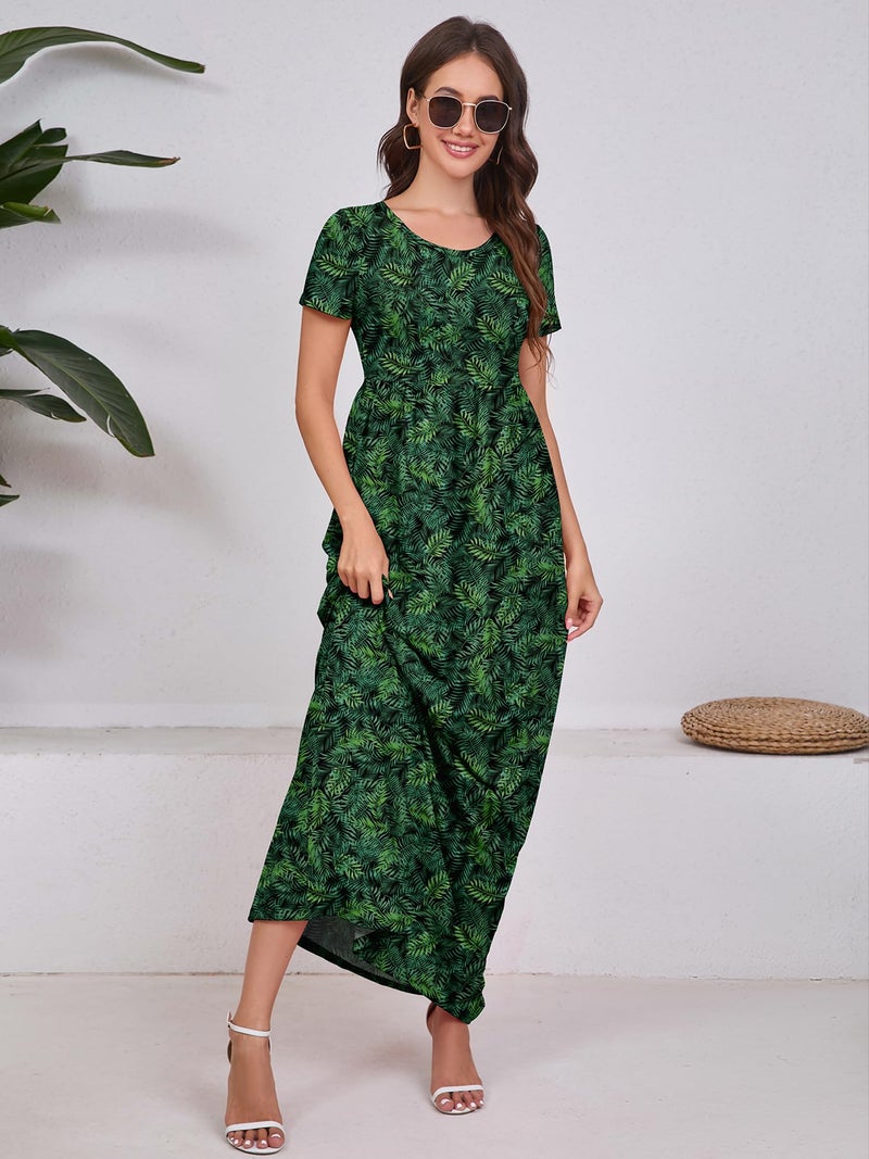 DEARCASE Women Floral Maxi Dress Flower Green Leaves Medium Round Neck Boho Short Sleeve Sundresses A-line Casual Hawaiian Flowy Party Spring Summer Vacation Beach Long Dresses with Pockets - Image 3