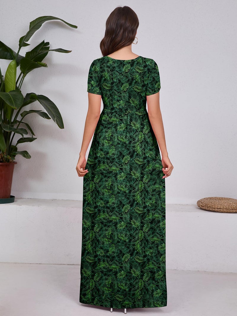 DEARCASE Women Floral Maxi Dress Flower Green Leaves Medium Round Neck Boho Short Sleeve Sundresses A-line Casual Hawaiian Flowy Party Spring Summer Vacation Beach Long Dresses with Pockets - Image 4