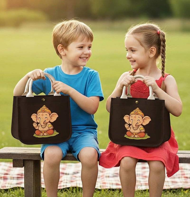 HOBBY INDIA Kids Lunch Bag | Cute & Stylish Mini Tiffin Bag for Boys & Girls | Cute Cotton Cartoon Design I Perfect For Picnic Tuition School, Preschool & Playschool (Ganesha) - Image 3
