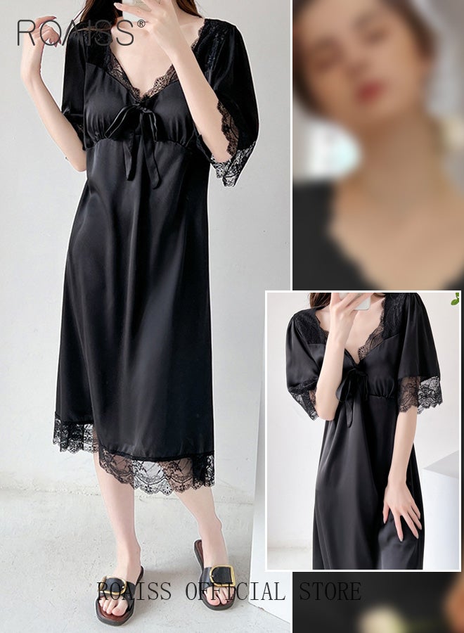 roaiss Silk Satin Nightdress Women Short Sleeves Lace Pajamas Shirt Dress Soft Sweet Lingerie Dress Ladies Nightgown Sleepwear Mid Length Casual Loose Thin Loungewear  - Image 3
