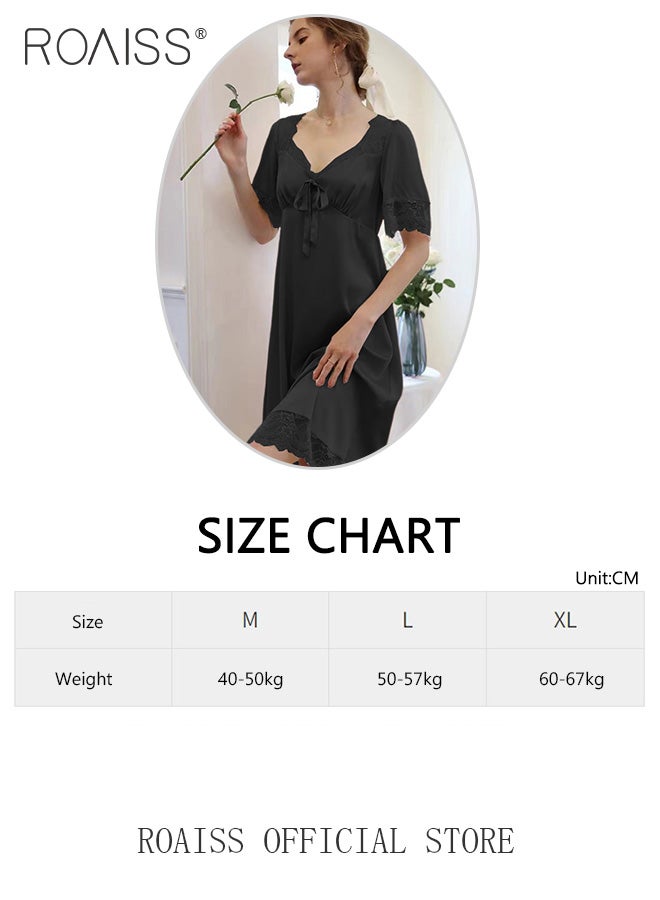 roaiss Silk Satin Nightdress Women Short Sleeves Lace Pajamas Shirt Dress Soft Sweet Lingerie Dress Ladies Nightgown Sleepwear Mid Length Casual Loose Thin Loungewear  - Image 4