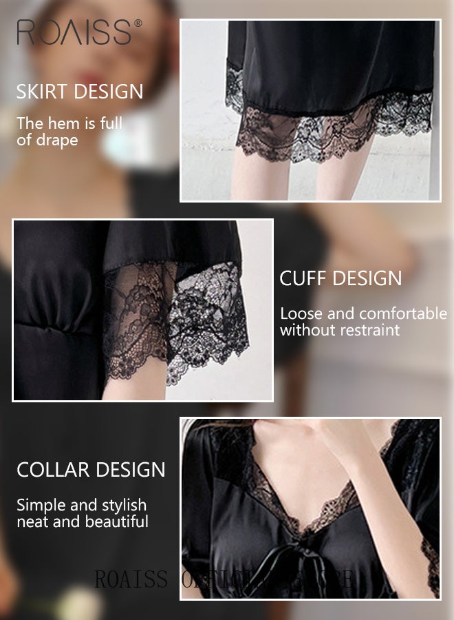 roaiss Silk Satin Nightdress Women Short Sleeves Lace Pajamas Shirt Dress Soft Sweet Lingerie Dress Ladies Nightgown Sleepwear Mid Length Casual Loose Thin Loungewear  - Image 5