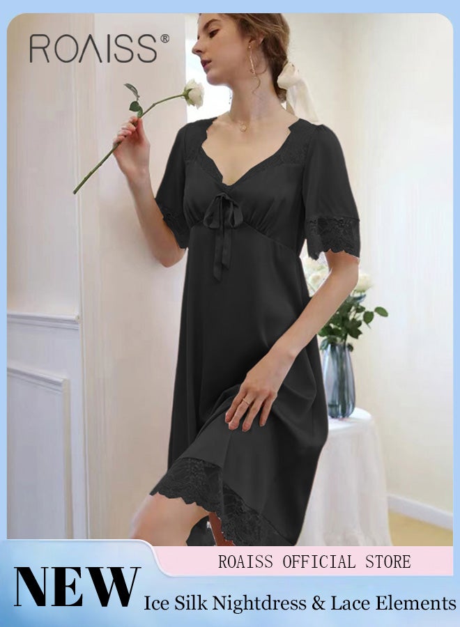 roaiss Silk Satin Nightdress Women Short Sleeves Lace Pajamas Shirt Dress Soft Sweet Lingerie Dress Ladies Nightgown Sleepwear Mid Length Casual Loose Thin Loungewear  - Image 1