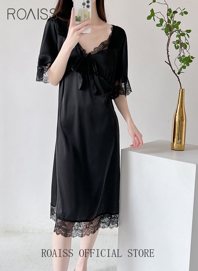 roaiss Silk Satin Nightdress Women Short Sleeves Lace Pajamas Shirt Dress Soft Sweet Lingerie Dress Ladies Nightgown Sleepwear Mid Length Casual Loose Thin Loungewear  - Image 2