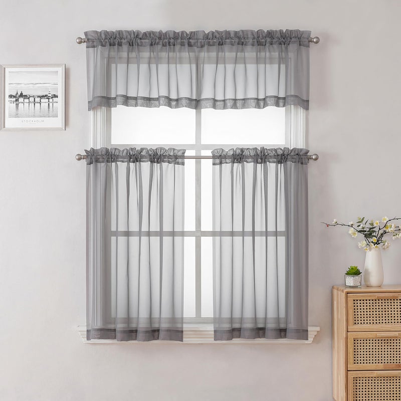 Lecloud Charcoal Grey Sheer Curtains 14 Inch Length 2 Panels Set, Light Reducing Short Window Valances for Living Room Bedroom, Gray Kitchen Curtains with Dual Rod Pockets, 40" W x 14" L - Image 2