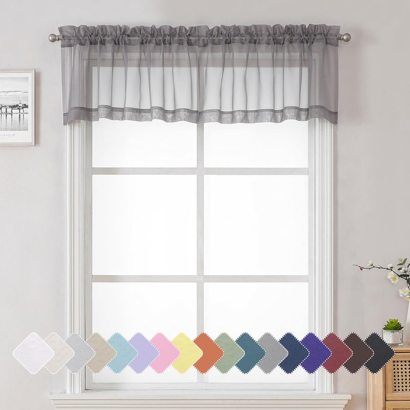 Lecloud Charcoal Grey Sheer Curtains 14 Inch Length 2 Panels Set, Light Reducing Short Window Valances for Living Room Bedroom, Gray Kitchen Curtains with Dual Rod Pockets, 40" W x 14" L - Image 1