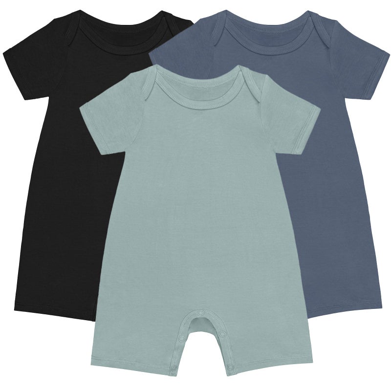 GUISBY Rayon Baby Pajamas, Short Sleeve Footless Rompers, Snap Closure Sleeper for Boy Girls Black Sliver Matcha 3-6 Months 3pc - Image 1