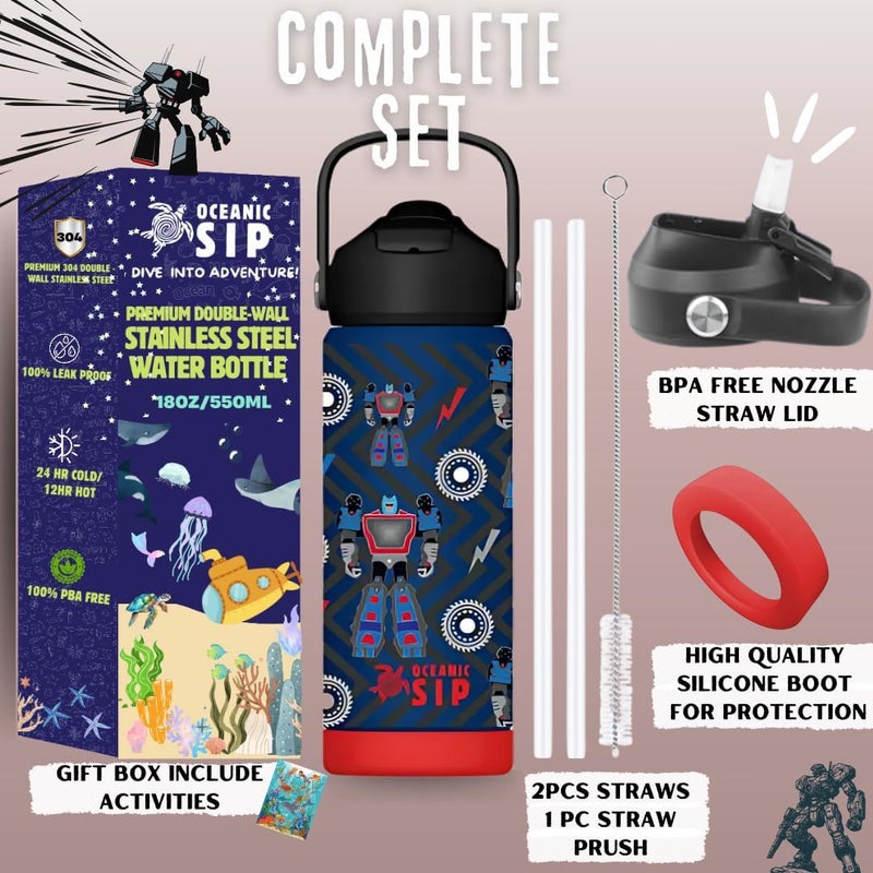Oceanic Boys Stainless Steel Water Bottle 550ml 18oz Double-Wall Vacuum Insulated 304 Stainless steel Water Bottle BPA FREE Leak Proof (Robot 550ml) - Image 4