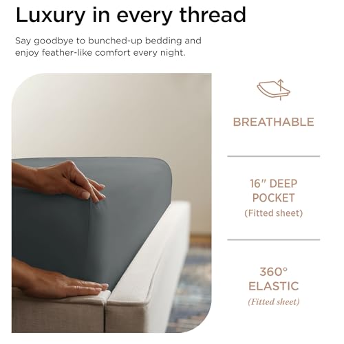 Threadmill 100% Cotton Sheets for Queen Size Bed - 600 Thread Count Queen Bed Sheets Set with 16” Deep Pocket - Sateen Weave 4-Piece Bedding Set with Cooling Effect, Dark Grey - Image 3
