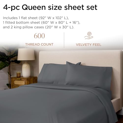 Threadmill 100% Cotton Sheets for Queen Size Bed - 600 Thread Count Queen Bed Sheets Set with 16” Deep Pocket - Sateen Weave 4-Piece Bedding Set with Cooling Effect, Dark Grey - Image 2