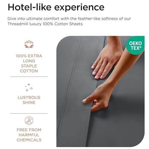 Threadmill 100% Cotton Sheets for Queen Size Bed - 600 Thread Count Queen Bed Sheets Set with 16” Deep Pocket - Sateen Weave 4-Piece Bedding Set with Cooling Effect, Dark Grey - Image 4