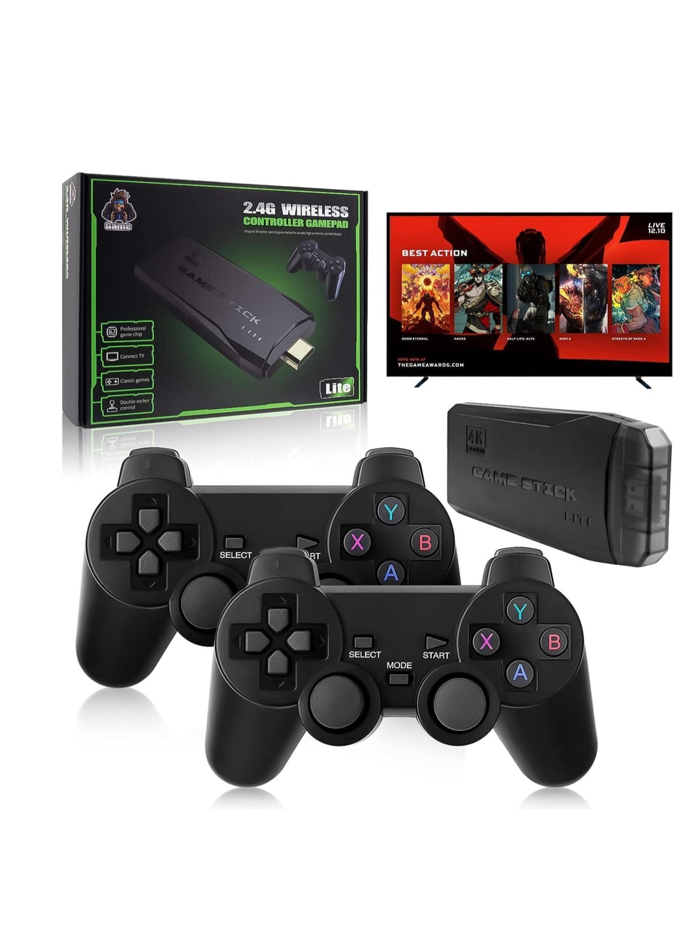 Wireless Retro Game Console, Plug & Play Video TV Game Stick With 10000+ Games Built-in, 9 Emulators, 4K HDMI Output for TV with Dual 2.4G Wireless Controllers