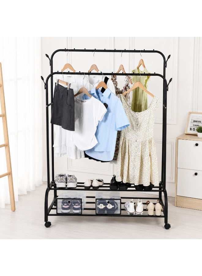 Master Gold Double Layer Metal Clothes Organizer with Wheels | Movable Clothes Hanger 120x45x160cm | Sturdy Black Clothes Rack with Bottom Shoe Rack and Side Hooks - Image 2