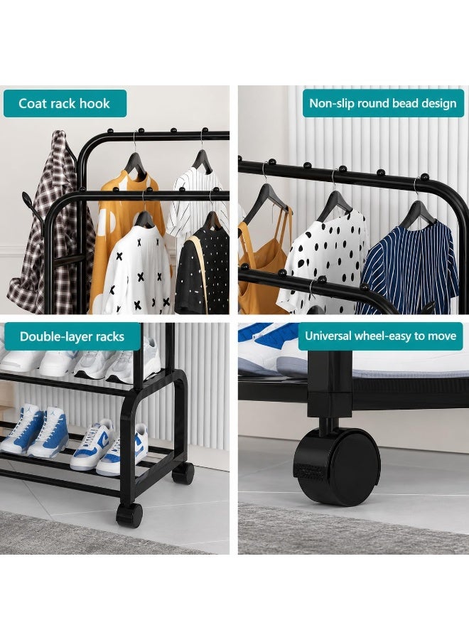 Master Gold Double Layer Metal Clothes Organizer with Wheels | Movable Clothes Hanger 120x45x160cm | Sturdy Black Clothes Rack with Bottom Shoe Rack and Side Hooks - Image 5
