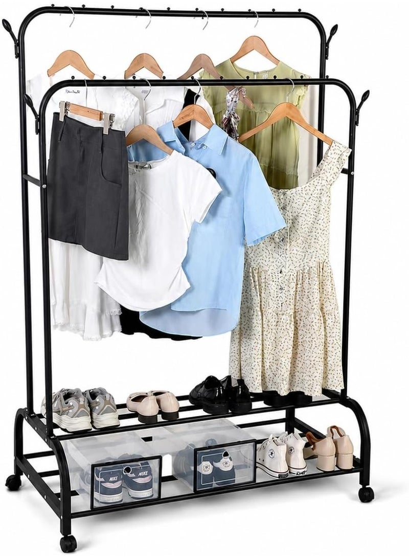 Master Gold Double Layer Metal Clothes Organizer with Wheels | Movable Clothes Hanger 120x45x160cm | Sturdy Black Clothes Rack with Bottom Shoe Rack and Side Hooks - Image 1