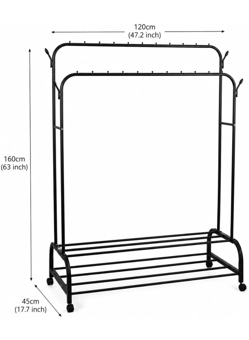 Master Gold Double Layer Metal Clothes Organizer with Wheels | Movable Clothes Hanger 120x45x160cm | Sturdy Black Clothes Rack with Bottom Shoe Rack and Side Hooks - Image 3