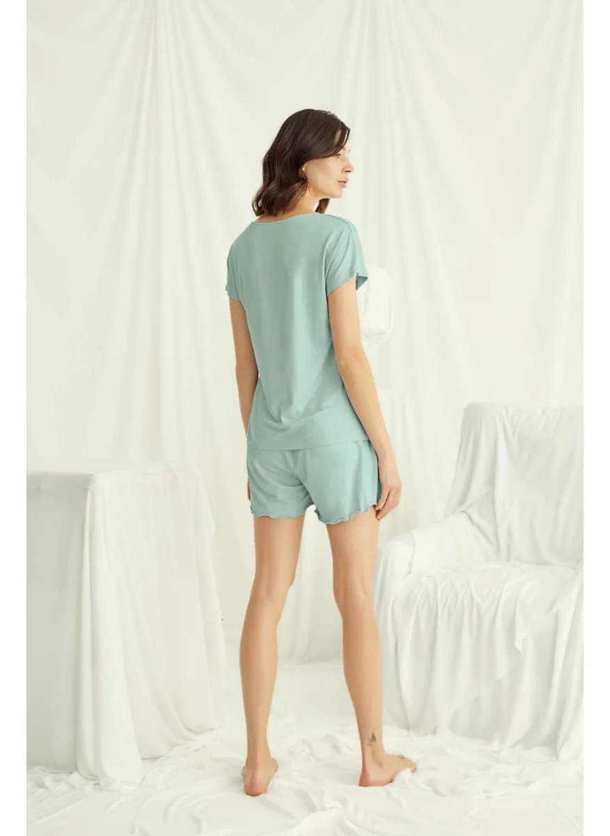 موناميسي 18515 Women's V-Neck Short Sleeve Pajama Set with Shorts-Light Green