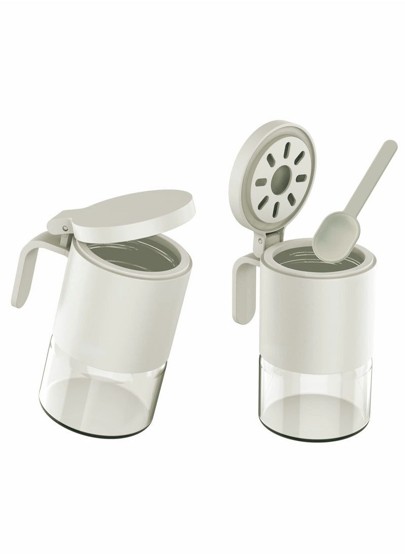 Excefore - Glass Spice Jars Moisture-Proof Spice Containers with Spoons, Set of 2 10oz/300ml Spice Bottles, Mini Seasoning Storage Jars with Flapper Caps for Salt, Sugar, Peppers, Chili in Kitchen White - Image 1