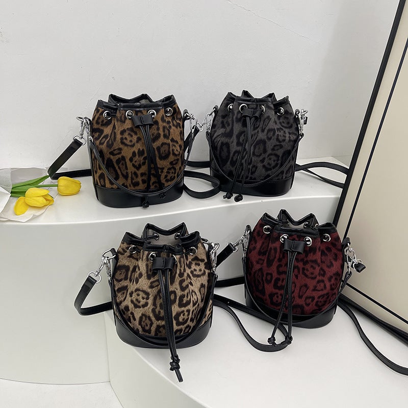 Autumn Leopard Print Colorblock Vintage Bucket Bag Fashionable Fashionable Casual Crossbody Bag Korean Style Women'S Shoulder Bag Trendy - Image 2