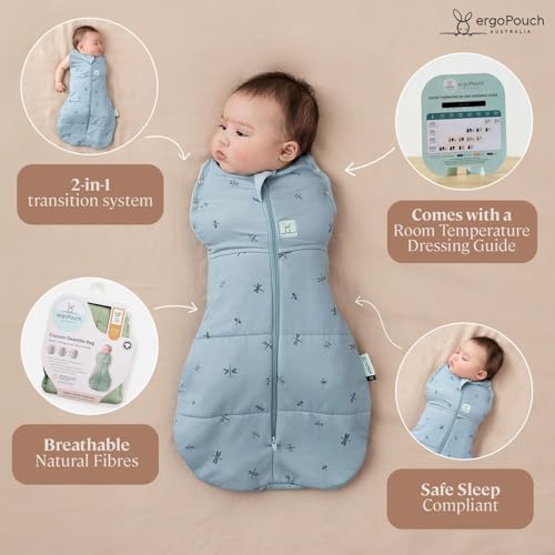 ergoPouch كيس النوم ErgoPouch Cocoon Swaddle Sack 1.0 TOG - كيس نوم للأطفال، تصميم مريح يساعد على تهدئة رد فعل الفزع، مثالي للنوم مع الأذرع داخل/خارج، قماش ناعم وقابل للتنفس لنوم أفضل (0-3 أشهر، اليعسوب) - Image 5