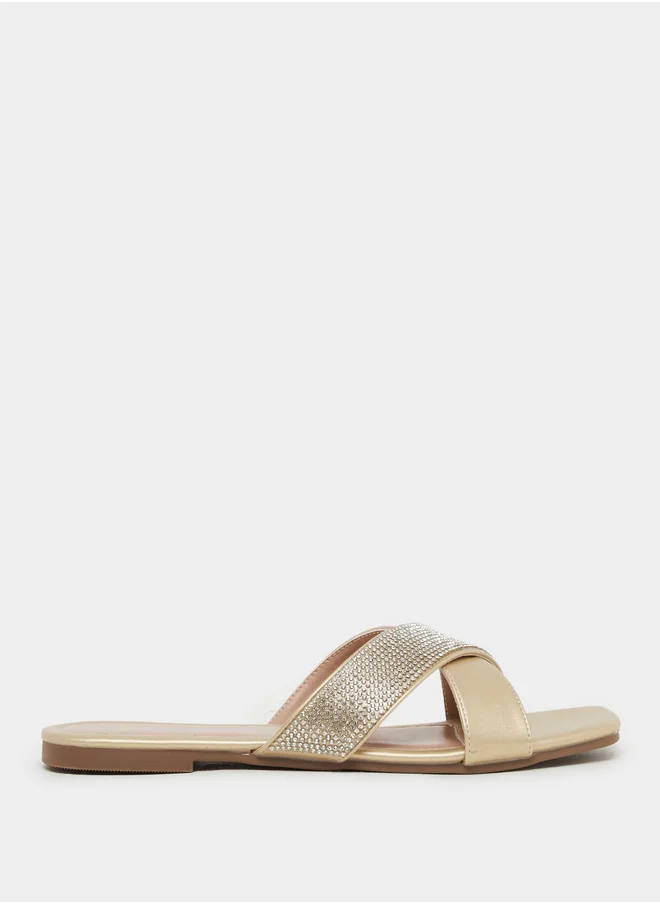 Styli Embellished Criss Cross Strap Flat Sandals