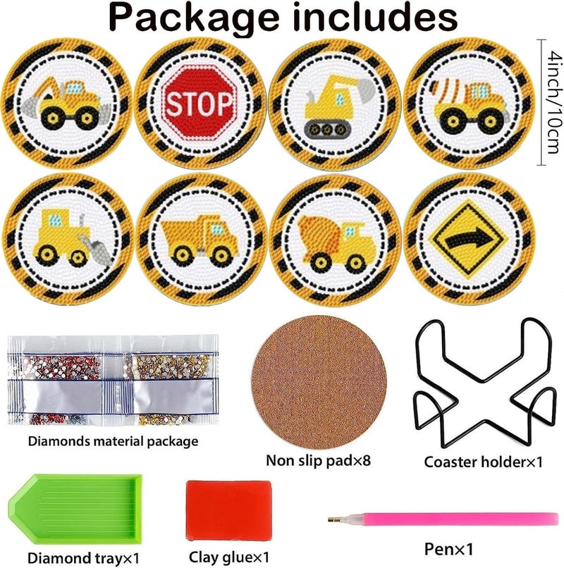 AzsVbvs 8 Pieces Diamond Painting Coasters Kit with Holder, Diamond Art Coasters, DIY Art Crafts Projects for Adults and Beginners (Construction) - Image 3