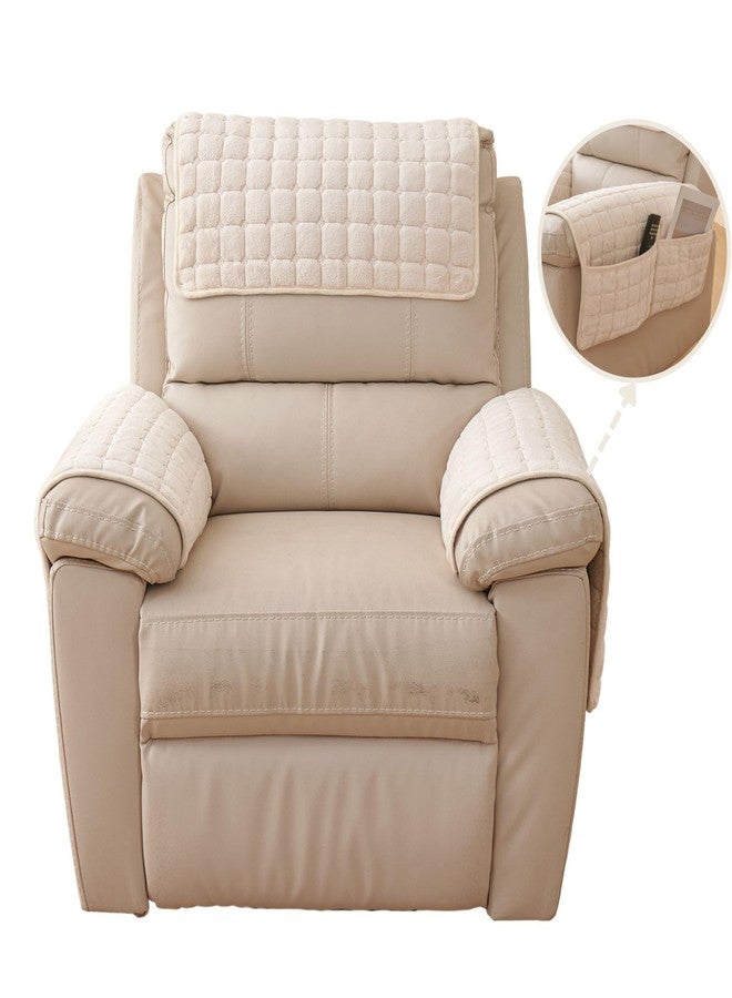 vctops 3 Pieces Flannel Plush Sofa Armrest Cover Headrest Cover for Recliners Soft Fuzzy Non Slip 2 Arm Rest Covers and 1 Headrest Protector for Recliner Leather Sofa Couch(Beige,1 Seat) - Image 1