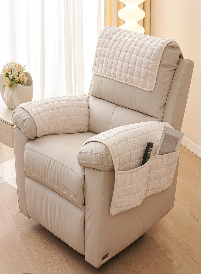 vctops 3 Pieces Flannel Plush Sofa Armrest Cover Headrest Cover for Recliners Soft Fuzzy Non Slip 2 Arm Rest Covers and 1 Headrest Protector for Recliner Leather Sofa Couch(Beige,1 Seat) - Image 4