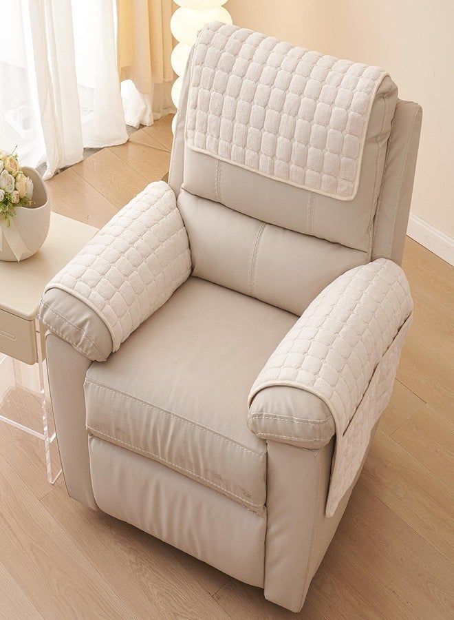 vctops 3 Pieces Flannel Plush Sofa Armrest Cover Headrest Cover for Recliners Soft Fuzzy Non Slip 2 Arm Rest Covers and 1 Headrest Protector for Recliner Leather Sofa Couch(Beige,1 Seat) - Image 3
