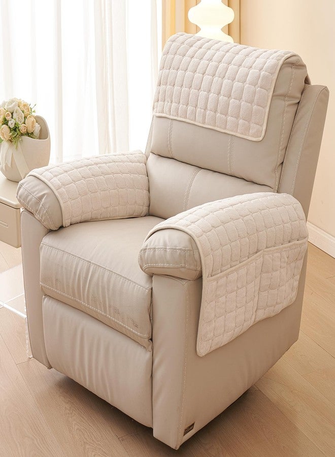 vctops 3 Pieces Flannel Plush Sofa Armrest Cover Headrest Cover for Recliners Soft Fuzzy Non Slip 2 Arm Rest Covers and 1 Headrest Protector for Recliner Leather Sofa Couch(Beige,1 Seat) - Image 2