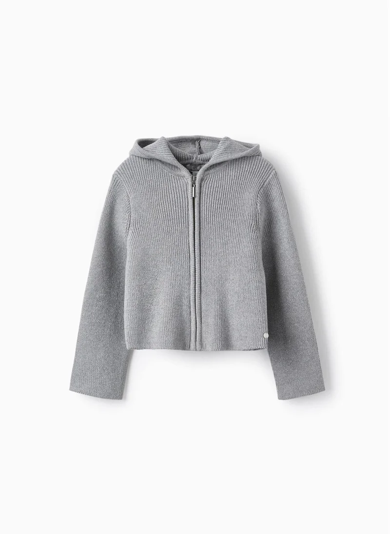 زيبي Knitted Cardigan with Lurex Threads and Hood for Girls, Grey/Silver