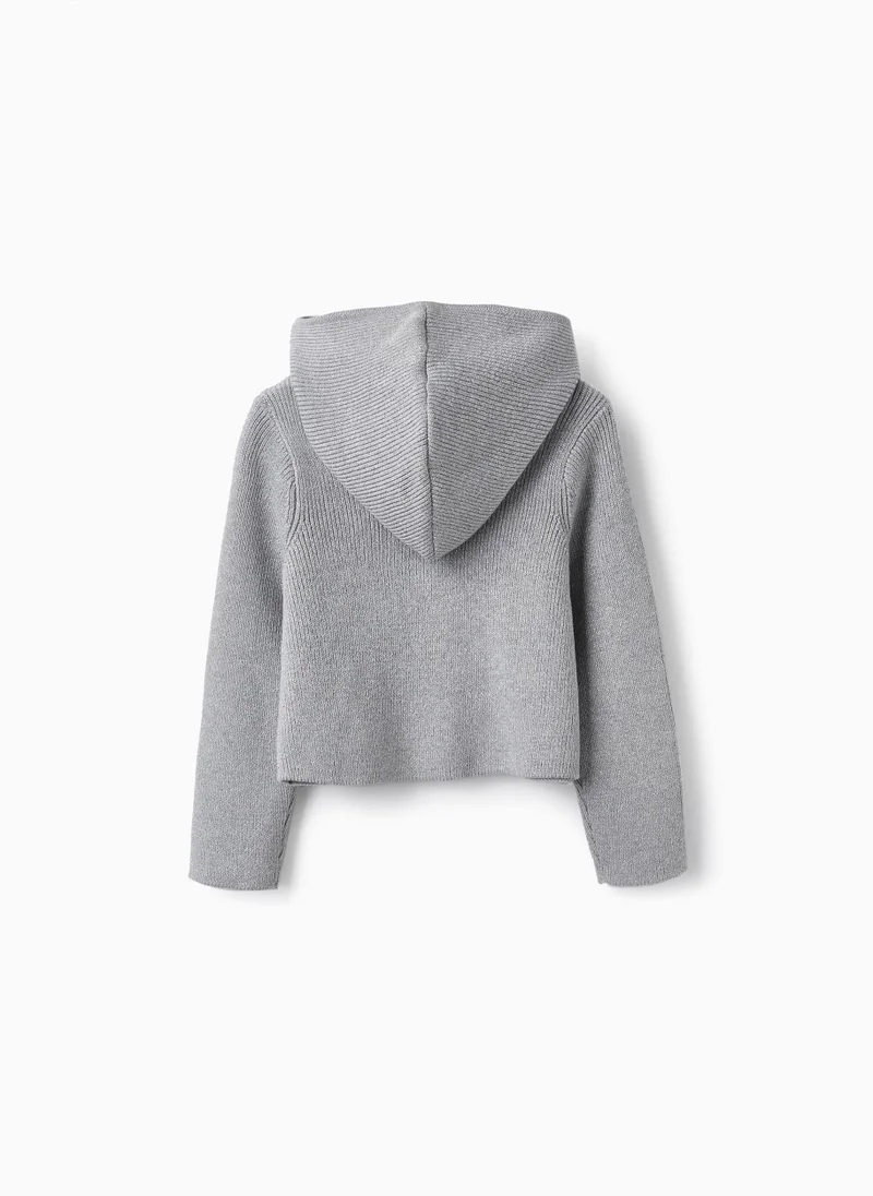 زيبي Knitted Cardigan with Lurex Threads and Hood for Girls, Grey/Silver