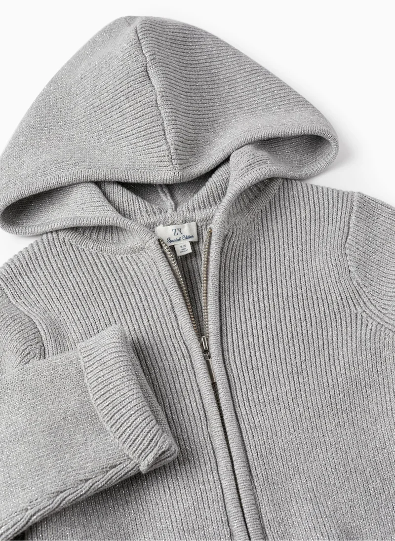زيبي Knitted Cardigan with Lurex Threads and Hood for Girls, Grey/Silver