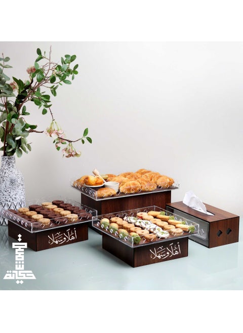 Brown color buffet tables package It comes with an Arabic phrase