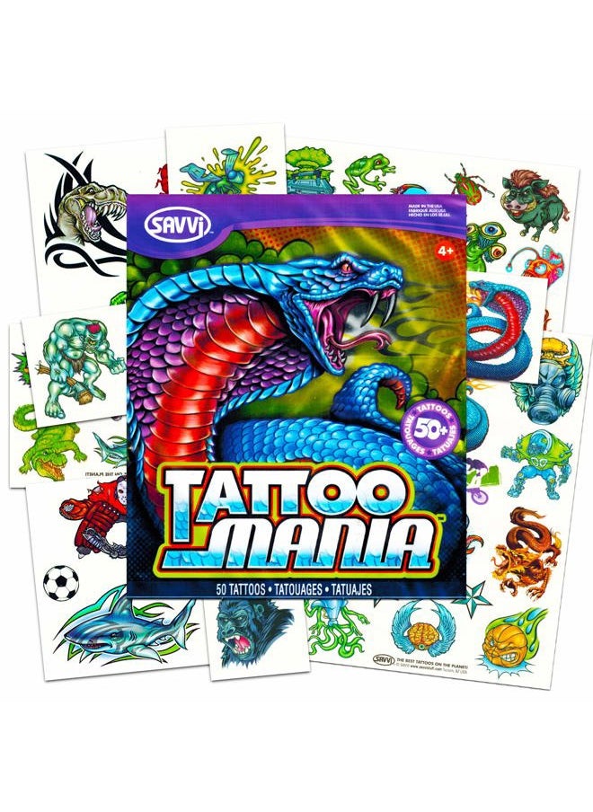 SAVITA New School Temporary Tattoos for Boys Kids Adults -- 100 Bright and Bold Biker Tattoos with Monsters, Animals, Dinosaurs, and More (Party Supplies)  - Image 1