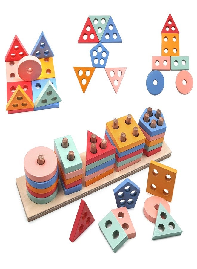 BORN SHINE Bornshine Montessori Wooden Shape Sorting & Stacking Puzzle – Educational Geometric Learning Toy for Kids Above 3 Years (BS-103) - Image 1
