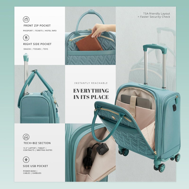 Verage 18x14x8in Spinner Underseat Carry-On Luggage -Airplane Personal Item Bag, USB A&C Charging Port, Padded Laptop Pocket & Wet/Dry Compartments for Women, Misty Aqua - Image 5