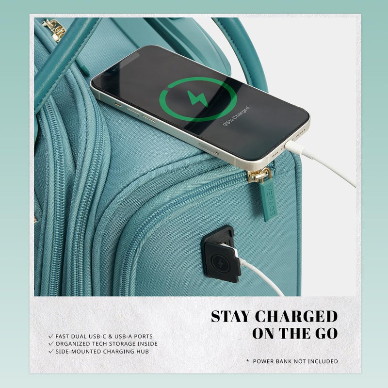 Verage 18x14x8in Spinner Underseat Carry-On Luggage -Airplane Personal Item Bag, USB A&C Charging Port, Padded Laptop Pocket & Wet/Dry Compartments for Women, Misty Aqua - Image 3